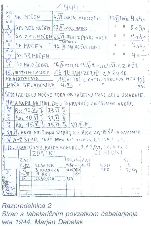 Stran z tabelarinim povzetkom ebelarjenja leta 1944